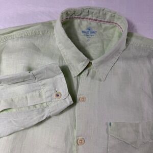True Grit Linen Button Down Shirt Mens Large Mint Green Coastal Casual
